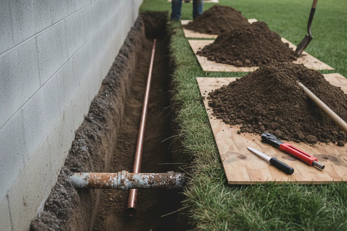 Excavated water line trench during Water Heater Repair in Fleming Island